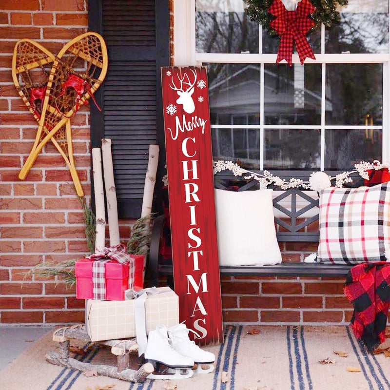 PEROUU Merry Christmas Welcome Sign for Front Porch Standing, Snowflake Elk Wooden Porch Sign for Xmas Front Door Decorations, Rustic Farmhouse Red Hanging Signs Wall Sign for Christmas Decor 47.2"H - Image 5